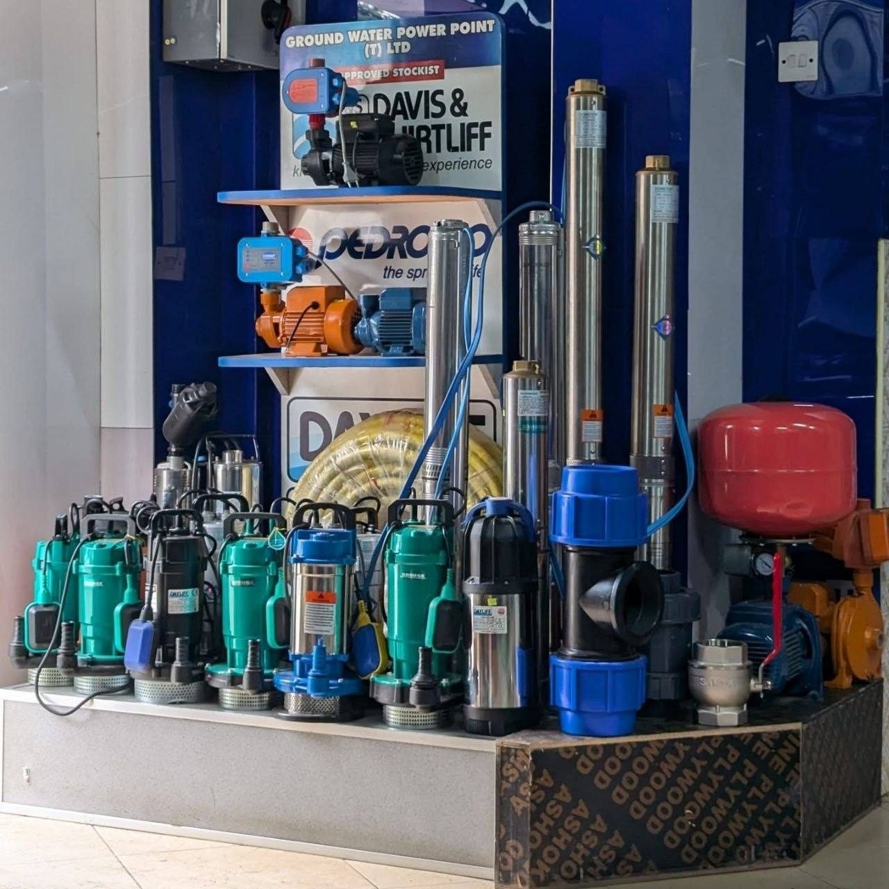 Submersible water pumps displayed in the OHGS shop